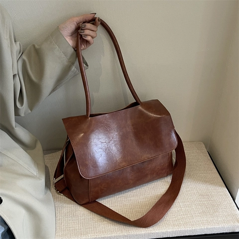 Damen Große Kapazität PU Leder Tragetasche Retro Breiter Schultergurt Umhängetasche Lässige Messenger Bag Pendler Handtasche Für Schule