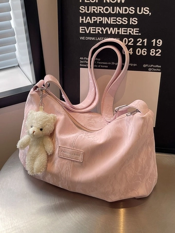 Korean Style Pleated PU Leather Shoulder Bag For Women Large Capacity Hobo Bag With Detachable Plush Bear Charm Versatile Tote Bag