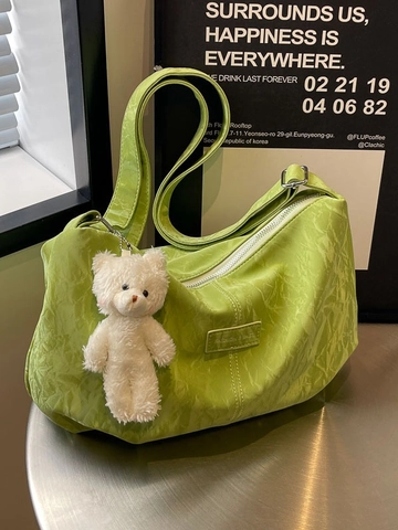 Korean Style Pleated PU Leather Shoulder Bag For Women Large Capacity Hobo Bag With Detachable Plush Bear Charm Versatile Tote Bag