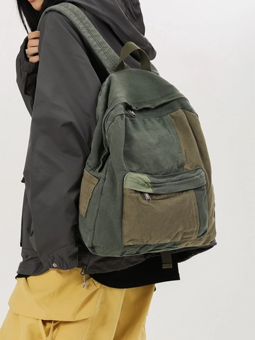 Damen Canvas Rucksack Vintage Farbblock Schultasche Casual Große Kapazität Reise Rucksack Minimalistisch Daypack