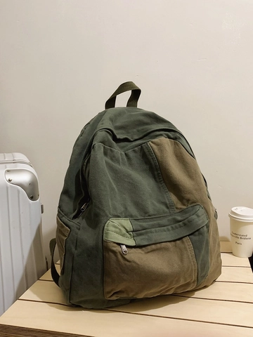 Damen Canvas Rucksack Vintage Farbblock Schultasche Casual Große Kapazität Reise Rucksack Minimalistisch Daypack