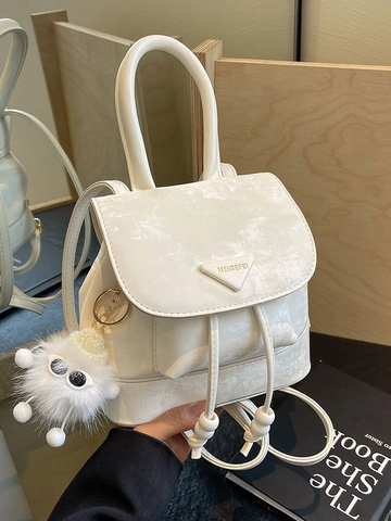 Women Vintage Mini Backpack Fashion PU Leather Small Travel Rucksack With Plush Monster Charm Drawstring School Bag For Girls
