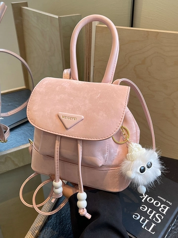Women Vintage Mini Backpack Fashion PU Leather Small Travel Rucksack With Plush Monster Charm Drawstring School Bag For Girls