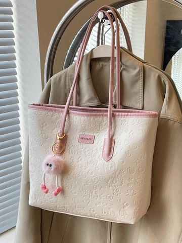 Women Large Capacity PU Leather Embossed Tote Bag Daily Commuter Shoulder Bag With Cartoon Plush Pendant Fashion Handbag