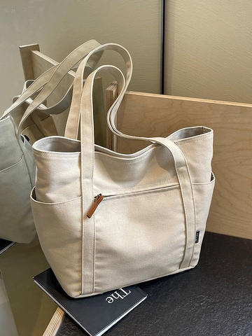Women Large Capacity Canvas Tote Bag Minimalist Stitching Solid Color Shoulder Bag For Commuting School Daily Handbag