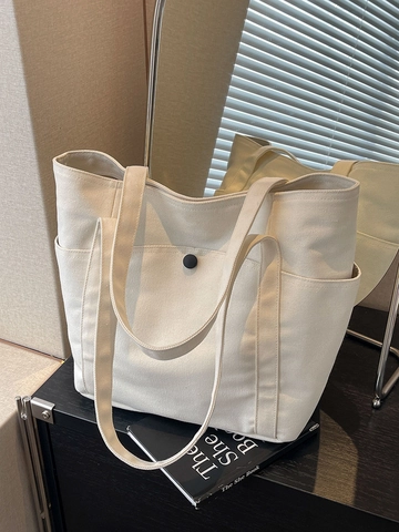 Women Large Capacity Canvas Tote Bag Minimalist Stitching Solid Color Shoulder Bag For Commuting School Daily Handbag