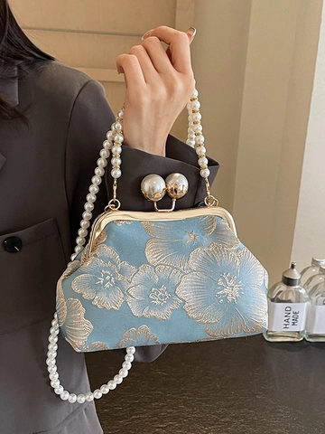 Borsa da Sera Ricamata Retro Cinese da Donna Borsa a Mano in Raso Floreale Con Manico in Perla Artificiale per Banchetto