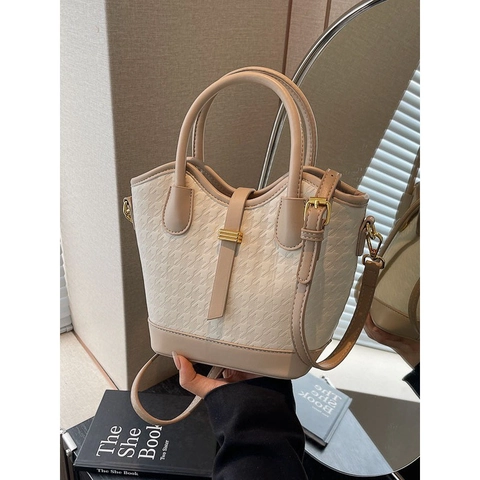 Bolso de Cubo de Moda para Mujer de Color de Contraste Textura de Pata de Gallo Cuero PU Bolso de Bandolera Versátil Bolso de Mano