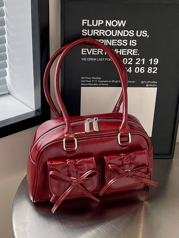 Damen Große Kapazität PU Leder Achseltasche Schleife Dekor Doppelgriff Schultertasche Retro Y2K Ästhetik Mode Handtasche