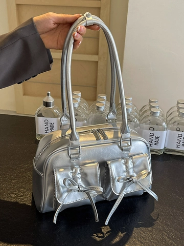Damen Große Kapazität PU Leder Achseltasche Schleife Dekor Doppelgriff Schultertasche Retro Y2K Ästhetik Mode Handtasche