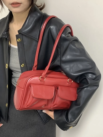 Retro PU Leather Shoulder Bag For Women 2024 New Fashion Large Capacity Boston Handbag Solid Color Underarm Bag Double Pockets Daily Tote