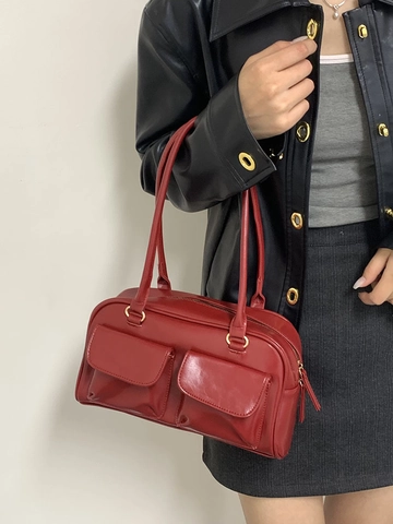 Retro PU Leather Shoulder Bag For Women 2024 New Fashion Large Capacity Boston Handbag Solid Color Underarm Bag Double Pockets Daily Tote