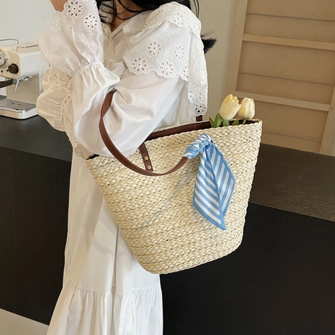 Raffia Gewebte Tragetasche Große Kapazität Sommer Stroh Schultertasche Mit Schleife Für Damen Strand Urlaub Casual Handtasche