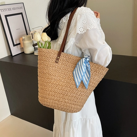 Raffia Gewebte Tragetasche Große Kapazität Sommer Stroh Schultertasche Mit Schleife Für Damen Strand Urlaub Casual Handtasche