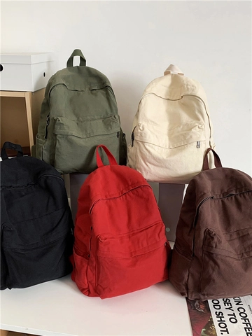 Retro Minimalist Canvas Backpack For Students Large Capacity Solid Color School Bag Unisex Outdoor Travel Daypack