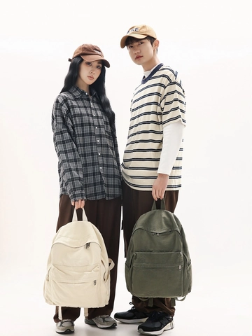Retro Minimalist Canvas Backpack For Students Large Capacity Solid Color School Bag Unisex Outdoor Travel Daypack