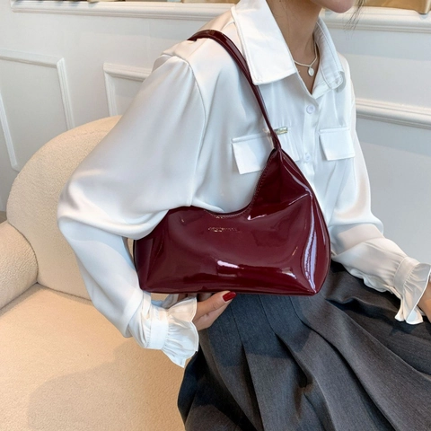 Women Glossy PU Leather Shoulder Bag Fashion Solid Color Hobo Underarm Bag Vintage Shiny Zipper Half Moon Handbag Purse