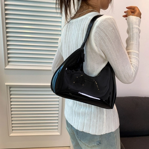 Women Glossy PU Leather Shoulder Bag Fashion Solid Color Hobo Underarm Bag Vintage Shiny Zipper Half Moon Handbag Purse