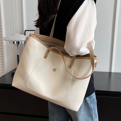 Dames Grote Capaciteit PU Lederen Tote Bag Met Contraststiksel Crossbody Schoudertas Voor Dagelijks Woon-werkverkeer Kantoor