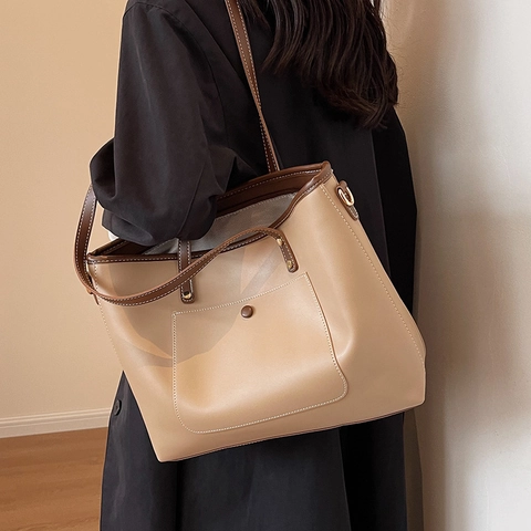 Dames Grote Capaciteit PU Lederen Tote Bag Met Contraststiksel Crossbody Schoudertas Voor Dagelijks Woon-werkverkeer Kantoor