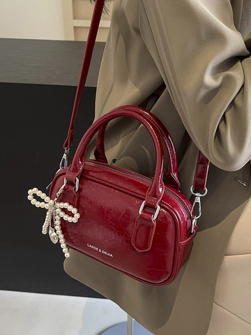 Borsa a Mano Boston Vintage in Pelle PU a Cera d'Olio per Donna Lucida Fiocco Perla Artificiale Ciondolo a Cuore Borsa a Tracolla