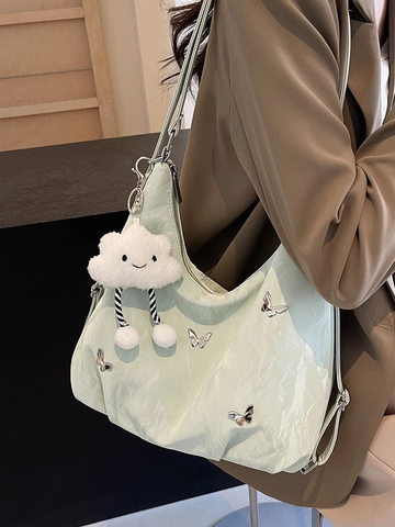 Women's Pleated PU Leather Crossbody Hobo Bag Large Capacity Metal Butterfly Decor Shoulder Bag With Cloud Plush Pendant