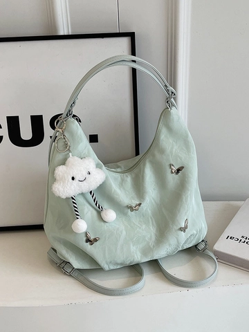 Women's Pleated PU Leather Crossbody Hobo Bag Large Capacity Metal Butterfly Decor Shoulder Bag With Cloud Plush Pendant
