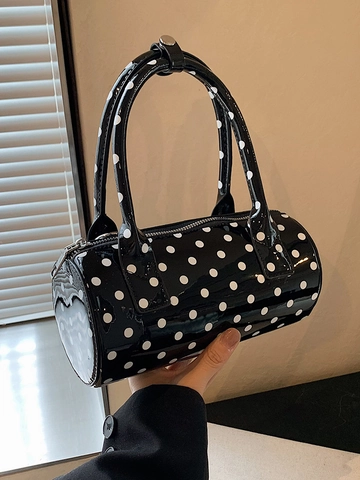 Borsa Boston da Donna in Stile Francese a Pois in Pelle PU Lucida Borsa a Mano Cilindrica Borsa a Tracolla Versatile Quotidiana