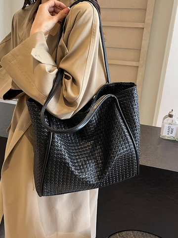Damen Casual Retro Gewebt Tragetasche Große Kapazität Minimalistisch PU Leder Schultertasche Urban Mode Handtasche