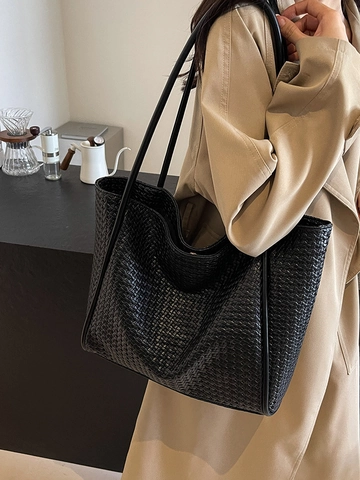 Damen Casual Retro Gewebt Tragetasche Große Kapazität Minimalistisch PU Leder Schultertasche Urban Mode Handtasche