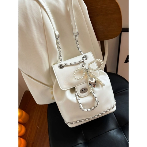 Borsa a Secchiello con Catena Moda Donna Mini Zaino Grande Capacità Borsa in Pelle PU con Ciondolo Fiocco di Perle Artificiali