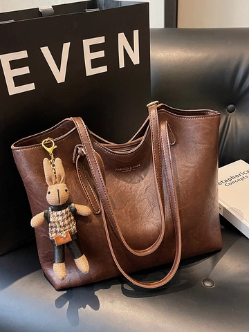 Women Retro PU Leather Tote Bag Large Capacity Commuter Shoulder Bag With Rabbit Charm Gold Stamping Lettering Tote Handbag