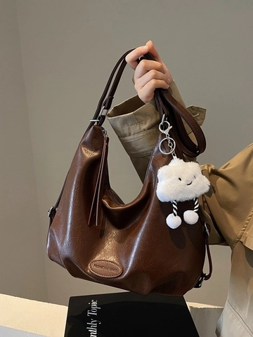 Borsa Tote in Pelle PU di Grande Capacità per Donna Con Ciondolo a Nuvola in Peluche Borsa a Spalla Vintage Zaino 2 Modi