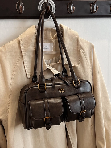 Sac à Bandoulière en Cuir Synthétique Vintage pour Femmes Grande Capacité Sac de Bowling Multi-Poches Style Britannique Rétro