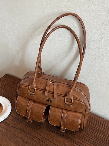 Sac à Bandoulière en Cuir Synthétique Vintage pour Femmes Grande Capacité Sac de Bowling Multi-Poches Style Britannique Rétro