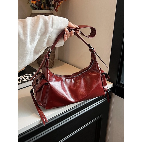 Bolso de Hombro de Cuero PU Vintage para Mujer Bolso de Mano para Conmutar Color Sólido Brillante con Correa Ajustable