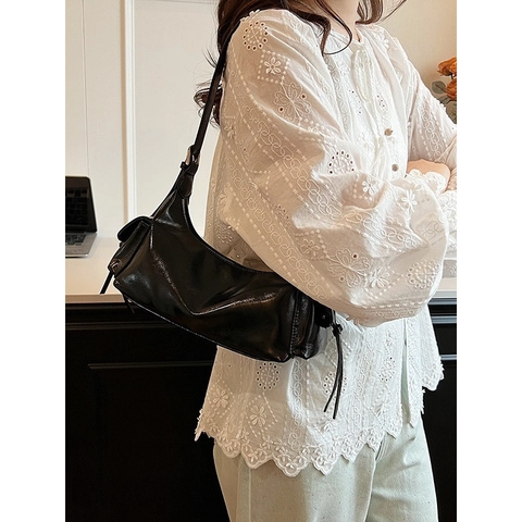 Bolso de Hombro de Cuero PU Vintage para Mujer Bolso de Mano para Conmutar Color Sólido Brillante con Correa Ajustable