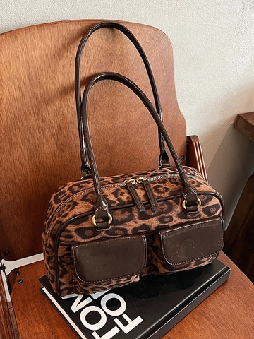 Borsa a Spalla Vintage in Pelle Scamosciata Leopardata per Donna Borsa Sottoascella Boston Patchwork in Pelle Artificiale