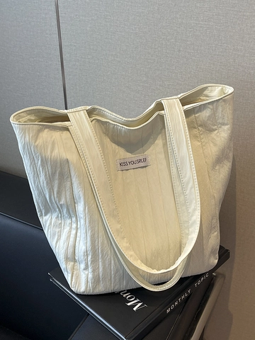 Bolso Tote de Lona de Gran Capacidad para Mujer Textura Plisada Bolso de Hombro Casual Versátil Bolso de Mano para Viaje Diario Color Sólido Bolsa de Compras