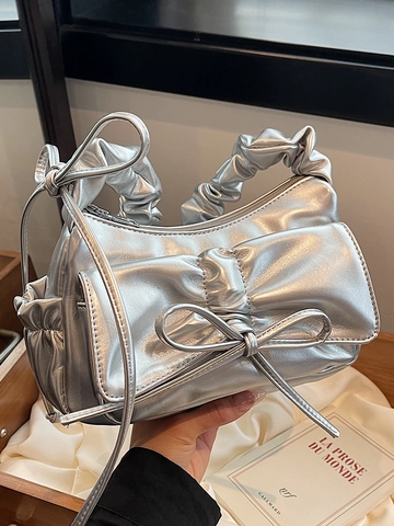 Borsa Sottospalla da Donna Elegante con Fiocco Arricciata in Pelle PU Metallica Borsa a Tracolla alla Moda Coreana Versatile