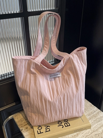 Bolso Tote de Lona de Gran Capacidad para Mujer Textura Plisada Bolso de Hombro Casual Versátil Bolso de Mano para Viaje Diario Color Sólido Bolsa de Compras