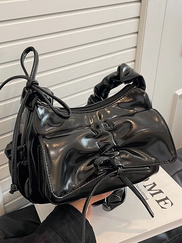 Borsa Sottospalla da Donna Elegante con Fiocco Arricciata in Pelle PU Metallica Borsa a Tracolla alla Moda Coreana Versatile