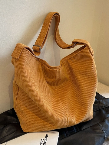 Bolso Tote de Pana Minimalista Japonés Mujer Gran Capacidad Color Sólido Correa Ajustable Casual Bandolera Bolso Hobo