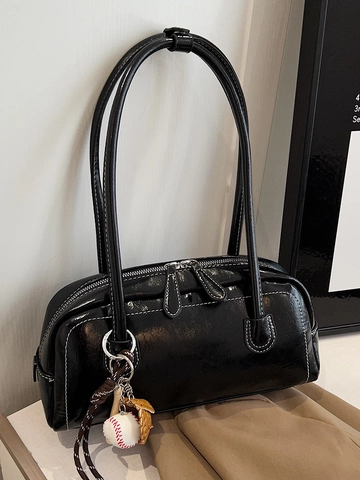 Bolso de Axila Retro de PU Tipo Baguette para Mujer Costura de Contraste Bolso de Hombro de Lujo Moda Otoño Invierno