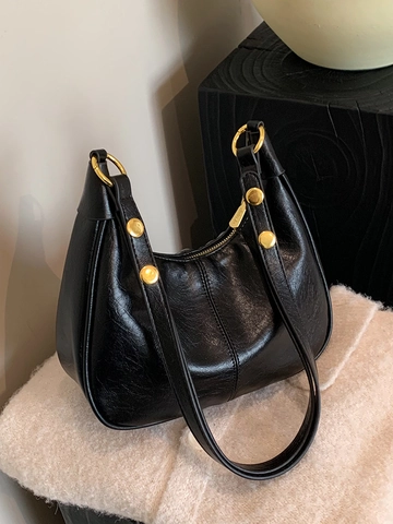 Women Retro PU Leather Hobo Underarm Bag Vintage Gold Stud Shoulder Crossbody Bag Fashion Commute Versatile Solid Color Purse