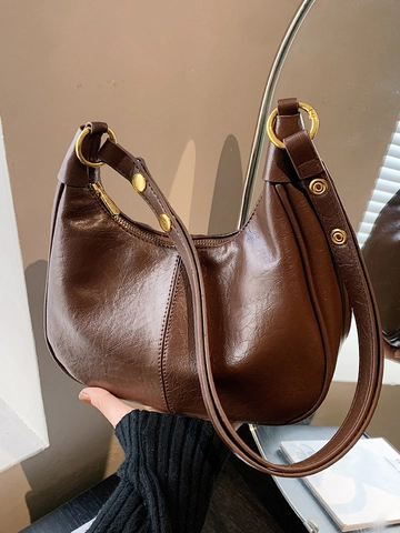 Women Retro PU Leather Hobo Underarm Bag Vintage Gold Stud Shoulder Crossbody Bag Fashion Commute Versatile Solid Color Purse