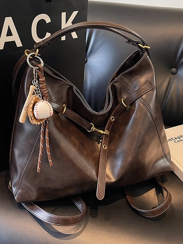 Women Retro Large Capacity Tote Bag PU Leather Shoulder Crossbody Bag With Baseball Pendant Urban Minimalist Casual Commuter Handbag