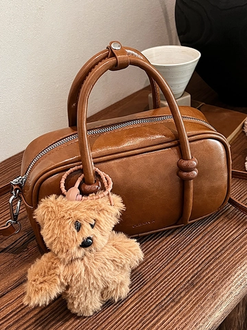 Women's Retro PU Leather Boston Bowling Bag Simple Solid Color Shoulder Crossbody Handbag With Plush Bear Pendant