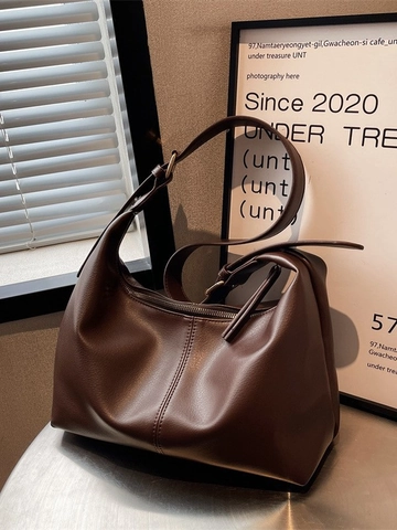 Vintage PU Leather Large Capacity Hobo Shoulder Bag For Women Fashion Solid Color Tote Bag With Adjustable Strap