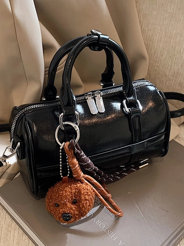 Fashion PU Leather Mini Boston Bowling Bag For Women Vintage Top Handle Crossbody Shoulder Bag With Teddy Bear Pendant